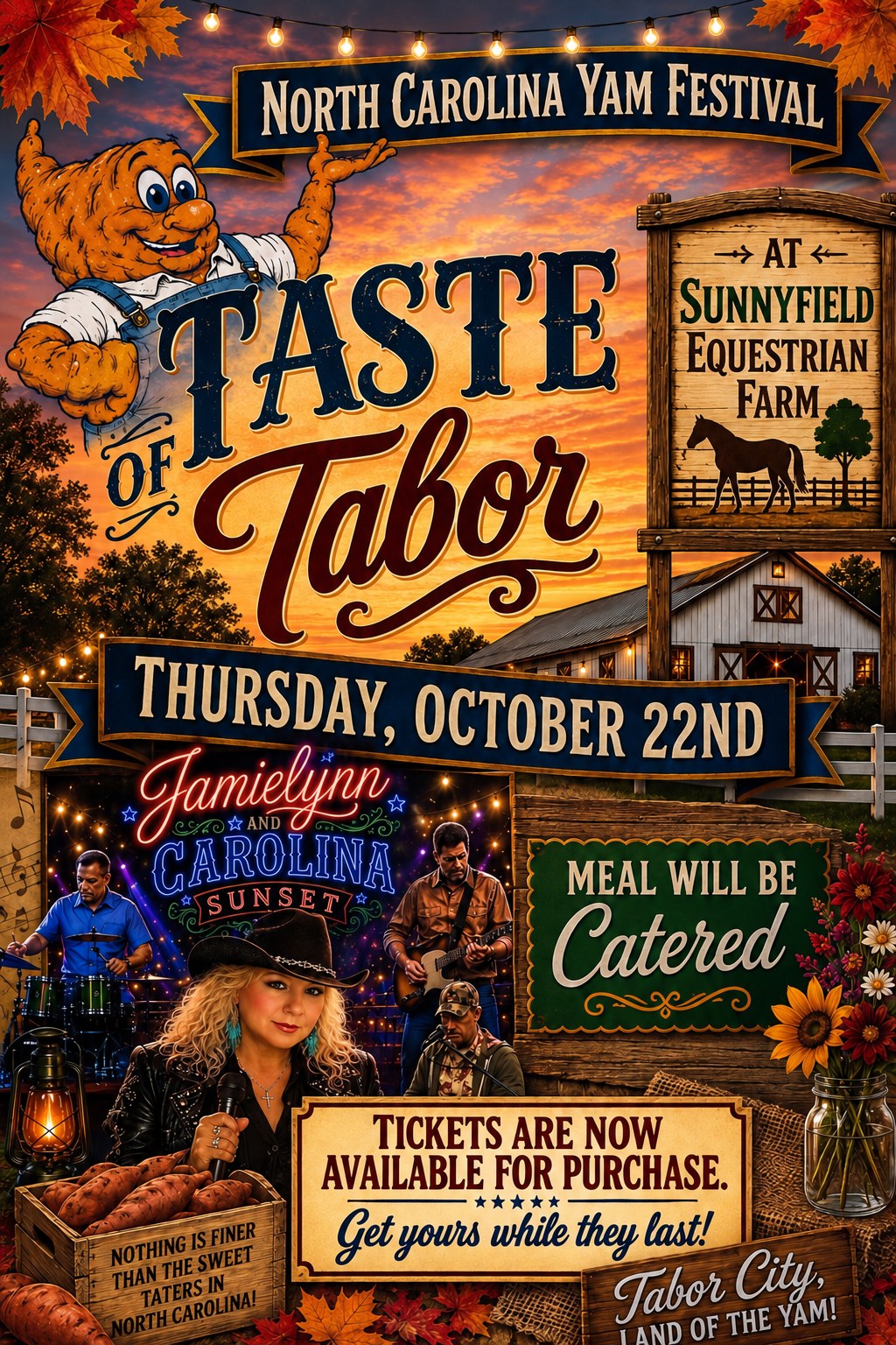 Taste of Tabor at Sunnyfield Equestrian Farm, Thursday, October 22, with JamieLynn and Carolina Sunset and a catered meal. Tickets on sale now.